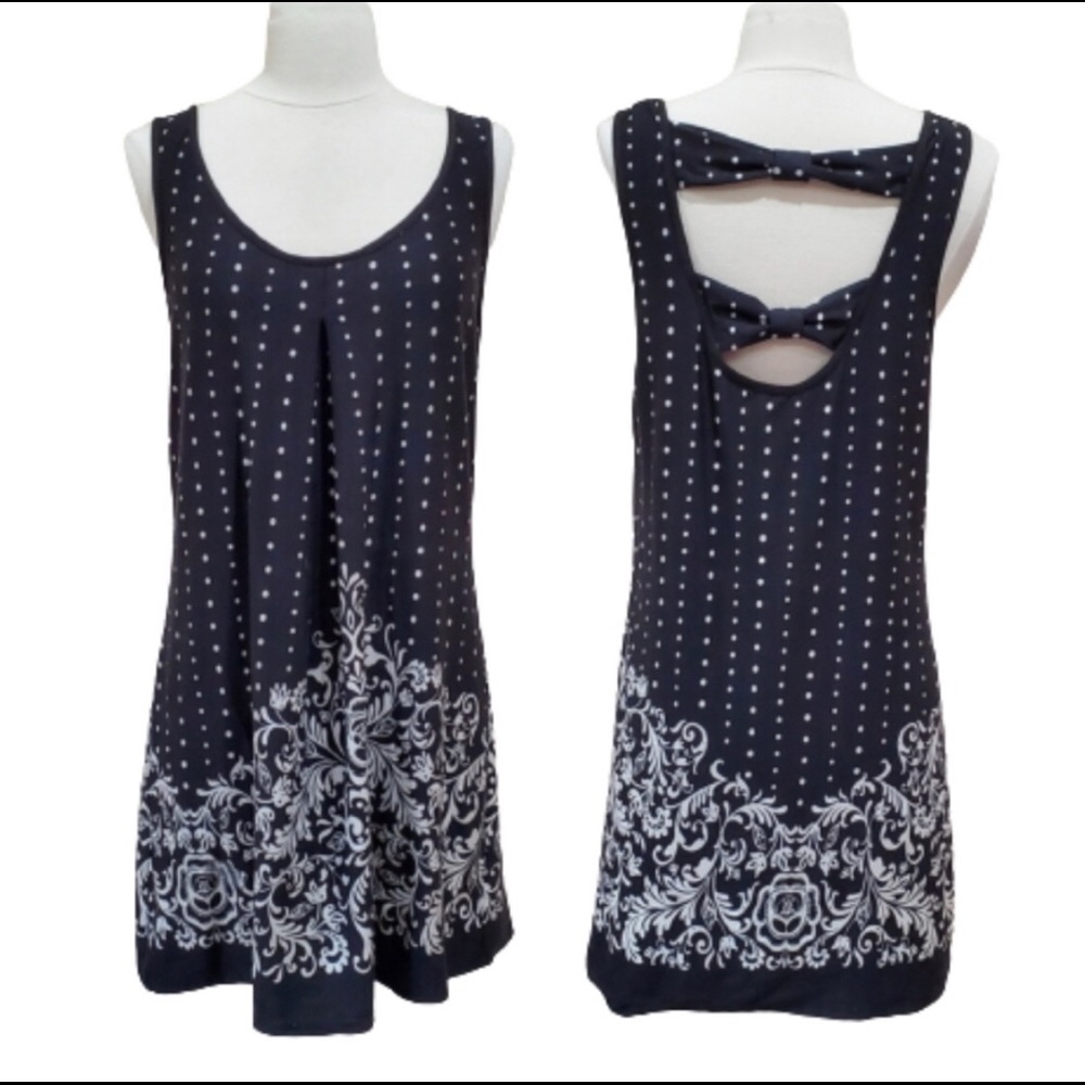 Linea Donatella Black Polka Dot Floral Sleeveless Swing Dress Medium